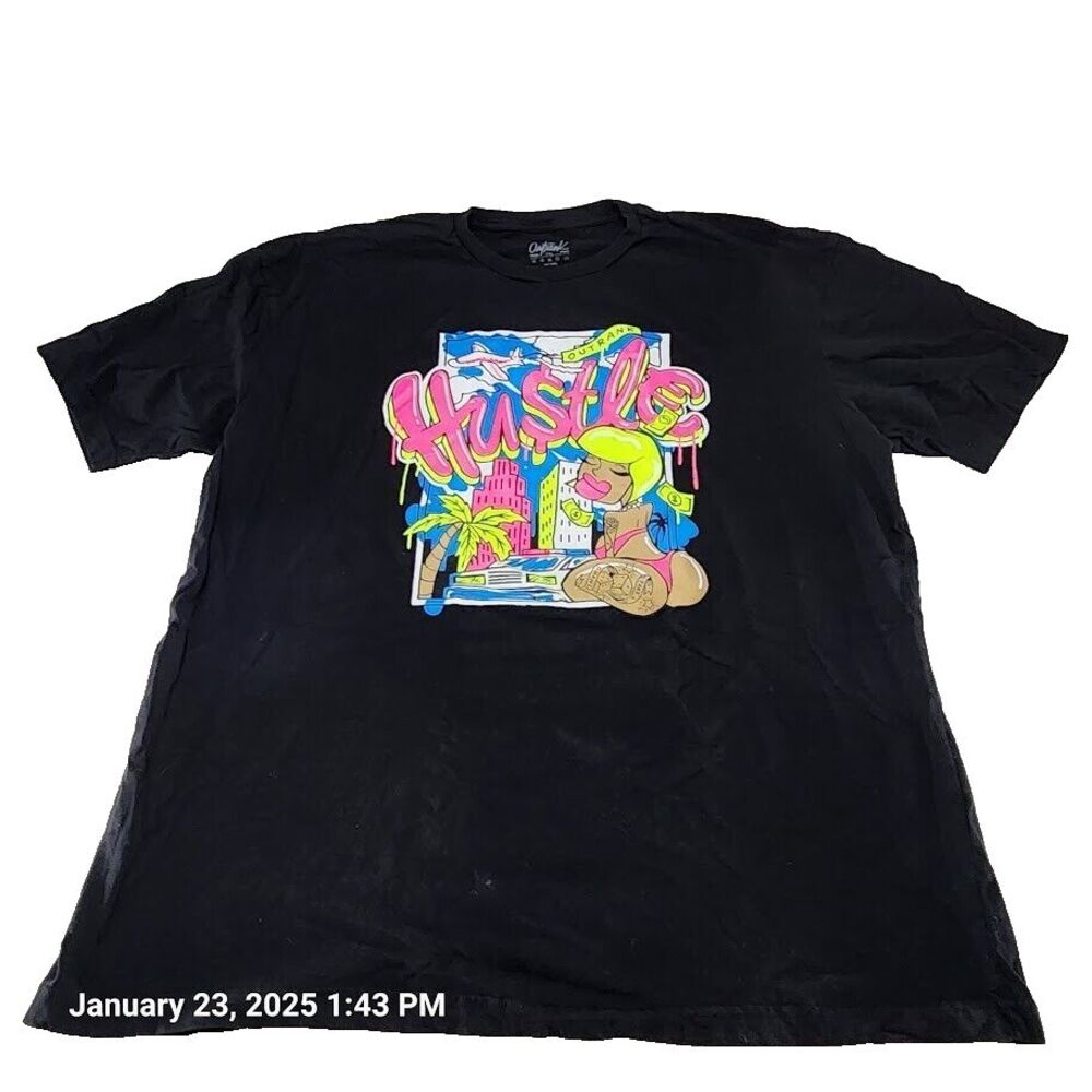 Outrank Mens Hustle T Shirt Size 2XL Black Graphic Short Sleeve Crew Neck Bright